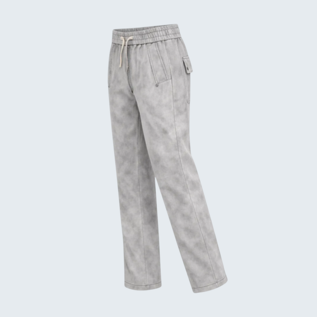 Iqraan mens grey textured track pants with drawstring waist and zip fly. Features cargo pocket detail.