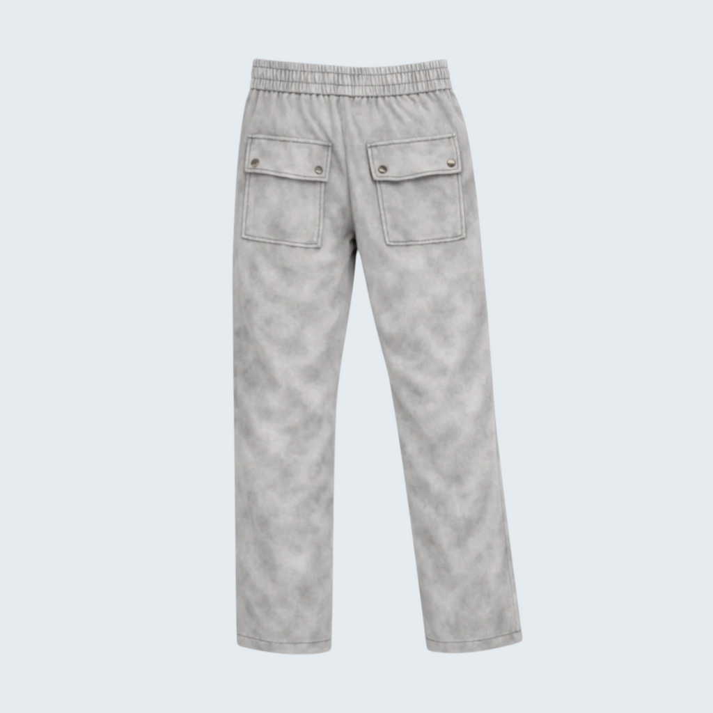 Iqraan mens grey textured track pants with elastic waist and two buttoned cargo pockets.
