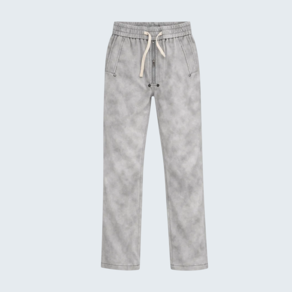 Iqraan men's grey textured track pants with elasticated waist, drawstring, and zip fly.