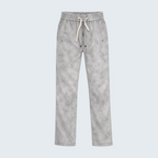 Iqraan men's grey textured track pants with elasticated waist, drawstring, and zip fly.