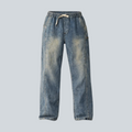 Iqraan relaxed fit blue denim jeans with drawstring waist and distressed wash.