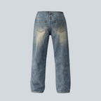 Iqraan relaxed fit blue denim jeans with drawstring waist and distressed wash.